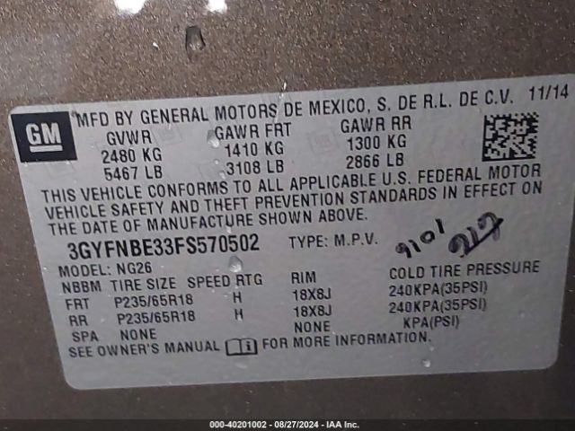 3GYFNBE33FS570502 Cadillac Srx Luxury Collection