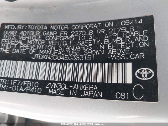 Toyota Prius Two 2014 JTDKN3DU4E0383151 Image 9