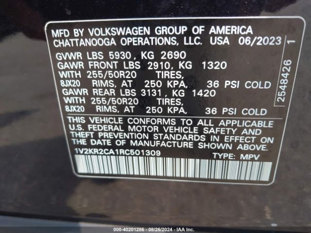 1V2KR2CA1RC501309 Volkswagen Atlas 2.0t Se W/technology