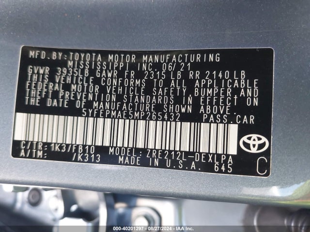Toyota COROLLA LE 2021 5YFEPMAE5MP265432 Image 9