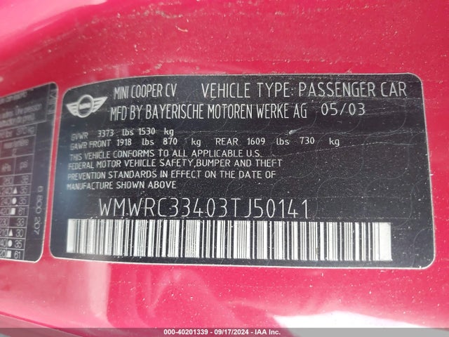 2003 MINI COOPER WMWRC33403TJ50141 Photo 8