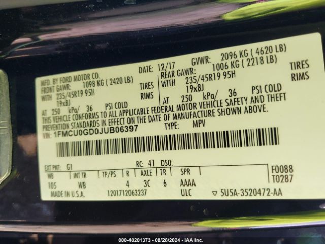 1FMCU0GD0JUB06397 Ford ESCAPE SE