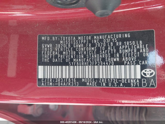 Toyota COROLLA LE 2015 5YFBURHE2FP294470 Image 9