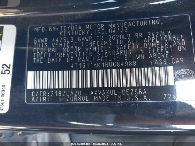 Toyota CAMRY SE 2022 4T1G11AK1NU684988 Image 9