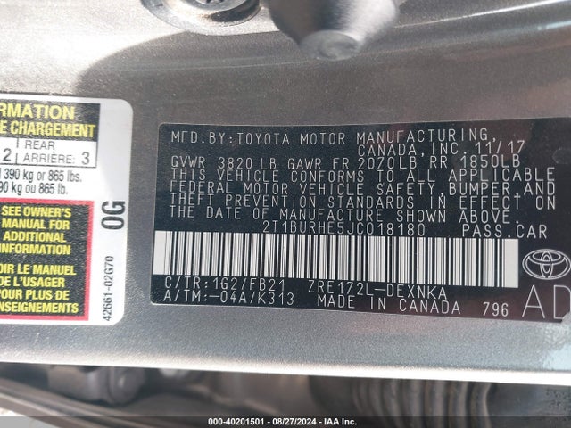Toyota COROLLA LE 2018 2T1BURHE5JC018180 Image 9