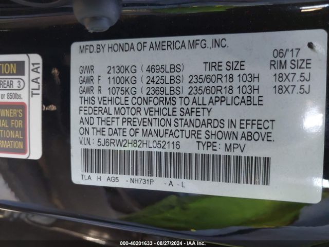 5J6RW2H82HL052116 Honda Cr-v Ex-l/ex-l Navi
