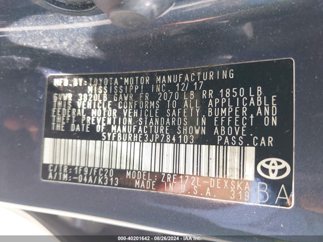 Toyota COROLLA SE 2018 5YFBURHE3JP784103 Image 9