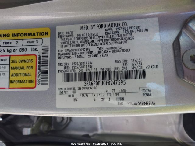 3FA6P0PU0FR247595 Ford Fusion Energi Se Luxury