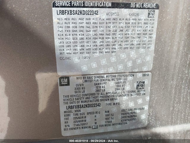 LRBFXBSA2KD022342 Buick Envision Fwd Preferred