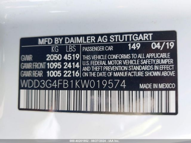 WDD3G4FB1KW019574 Mercedes-Benz A 220 4matic