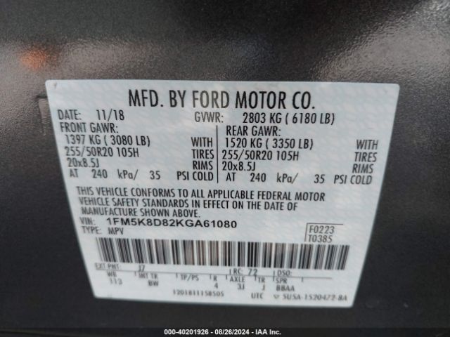 1FM5K8D82KGA61080 Ford EXPLORER XLT