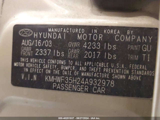 Продажа на аукционе авто 2004 Hyundai Sonata Gls/lx, vin: KMHWF35H24A932978, номер лота: 40201937