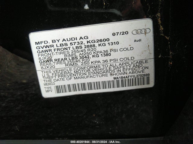WA1B4AFY1L2702699 Audi Sq5 Premium Plus Tfsi Quattro Tiptronic