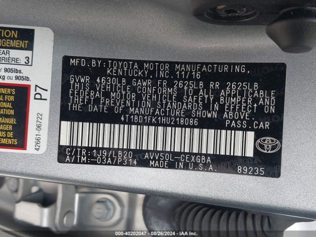 4T1BD1FK1HU218086 Toyota Camry Hybrid Xle