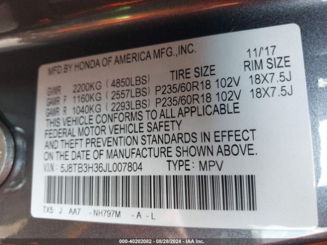 5J8TB3H36JL007804 Acura Rdx Acurawatch Plus Package
