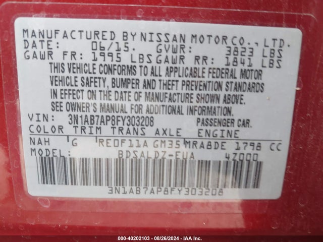 Nissan SENTRA SV 2015 3N1AB7AP8FY303208 Image 9