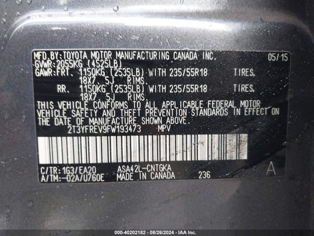 Toyota Rav4 Limited 2015 2T3YFREV9FW193473 Image 9