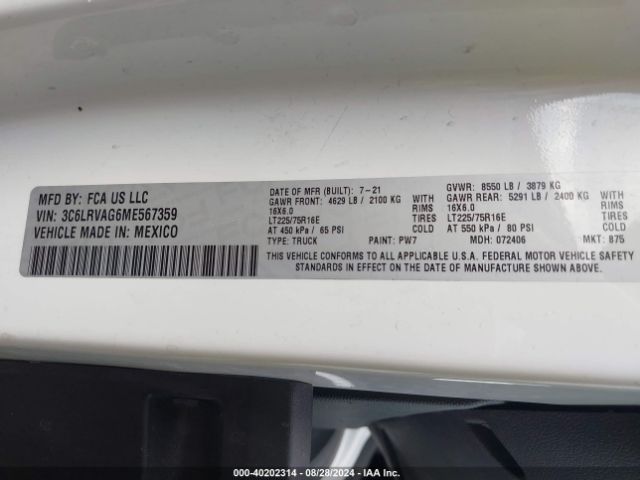 3C6LRVAG6ME567359 RAM Promaster 1500 Low Roof 136 Wb