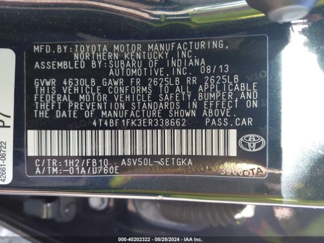 4T4BF1FK3ER338662 Toyota CAMRY XLE