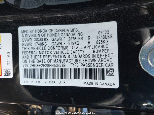 2HGFE2F28PH538789 Honda Civic Lx