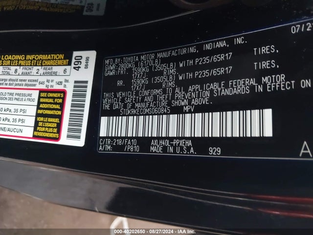 Toyota SIENNA LE 2021 5TDKRKEC0MS060845 Image 9