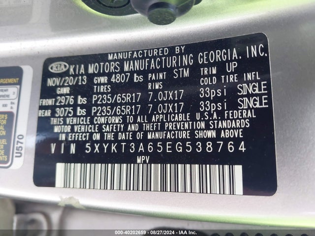 KIA SORENTO LX 2014 5XYKT3A65EG538764 Image 9