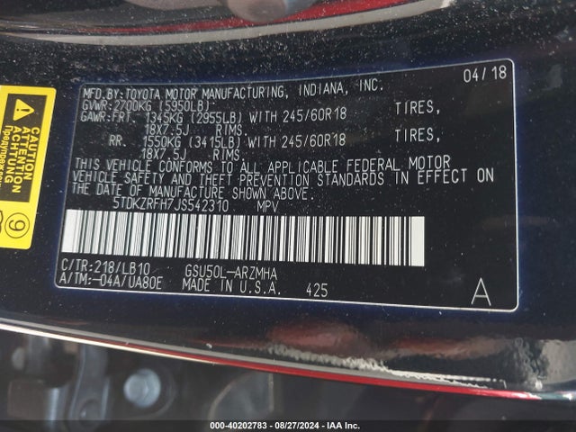 Toyota Highlander Xle 2018 5TDKZRFH7JS542310 Image 9