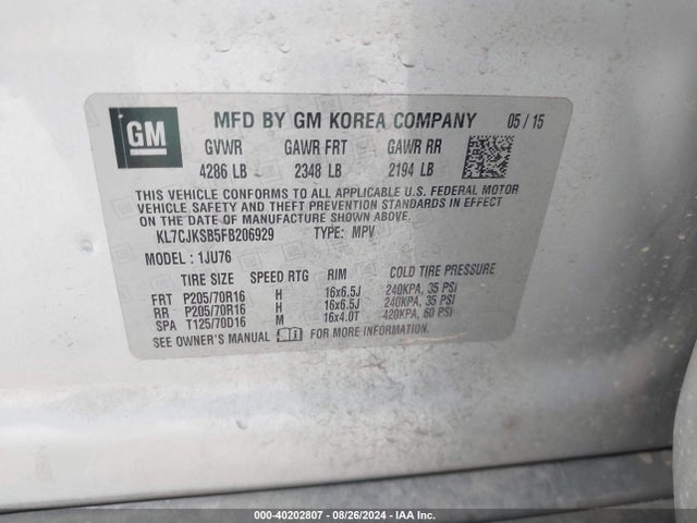 Chevrolet Trax 1ls 2015 KL7CJKSB5FB206929 Image 9