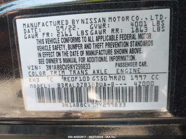 Aukcja sprzedaży 2022 Nissan Sentra Sv Xtronic Cvt, vin: 3N1AB8CV9NY299833, numer aukcji: 40202817