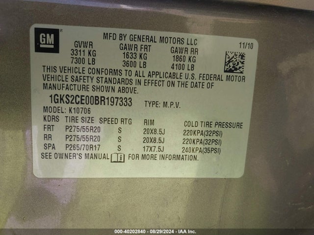2011 Gmc Yukon Slt მანქანა იყიდება აუქციონზე, vin: 1GKS2CE00BR197333, აუქციონის ნომერი: 40202840