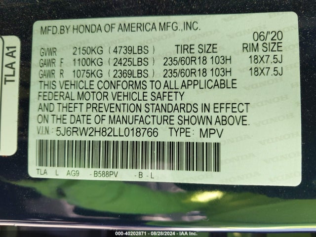 Honda Cr-v Awd Ex-l 2020 5J6RW2H82LL018766 Image 9