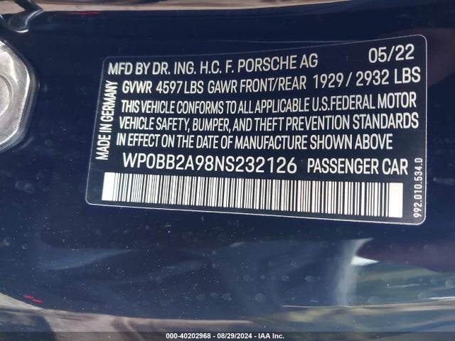 2022 PORSCHE 911 WP0BB2A98NS232126 Photo 8
