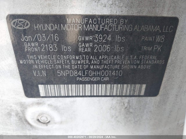 5NPD84LF0HH001410 Hyundai ELANTRA SE