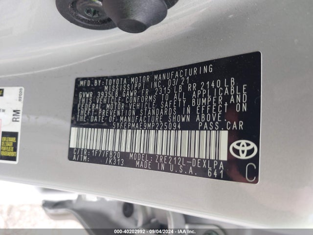 Toyota COROLLA LE 2021 5YFEPMAE9MP225094 Image 9