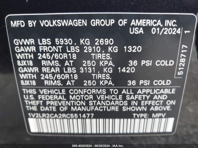 1V2LR2CA2RC551477 Volkswagen Atlas 2.0t Se