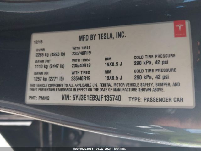 5YJ3E1EB9JF135740 Tesla Model 3 Long Range/performance