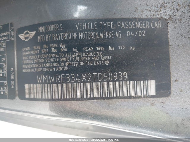 2002 MINI COOPER S WMWRE334X2TD50939 Photo 8
