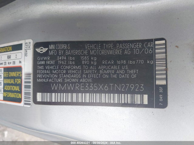 2006 MINI COOPER S WMWRE335X6TN27923 Photo 8