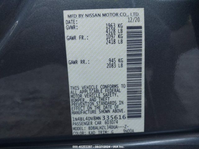 1N4BL4DV8MN335616 Nissan Altima Sv Fwd