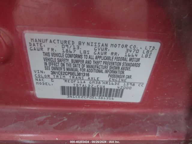3N1CE2CP0EL381316 Nissan Versa Note Sv
