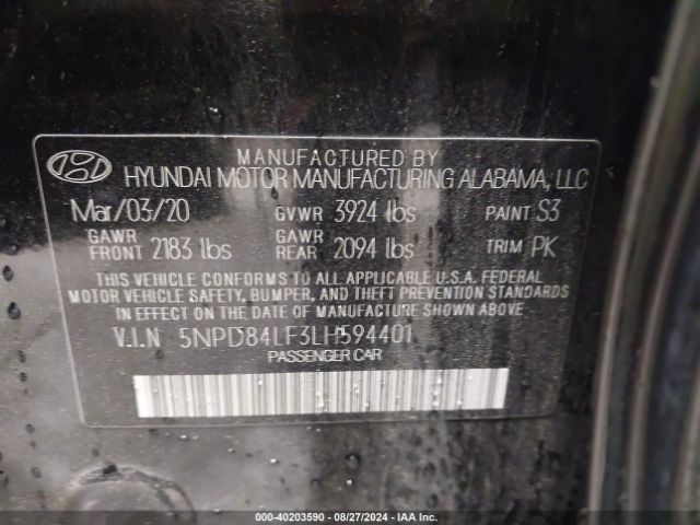 5NPD84LF3LH594401 Hyundai ELANTRA SEL