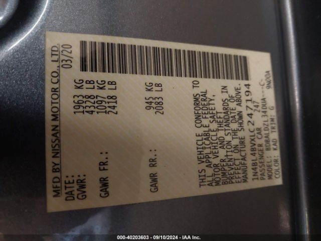 1N4BL4BVXLC247194 Nissan Altima S Fwd