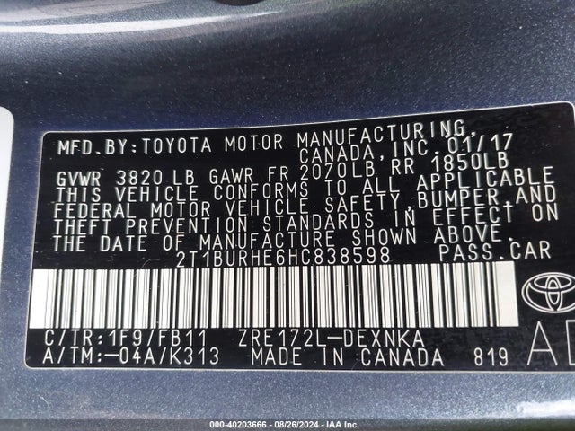 Toyota COROLLA LE 2017 2T1BURHE6HC838598 Image 9