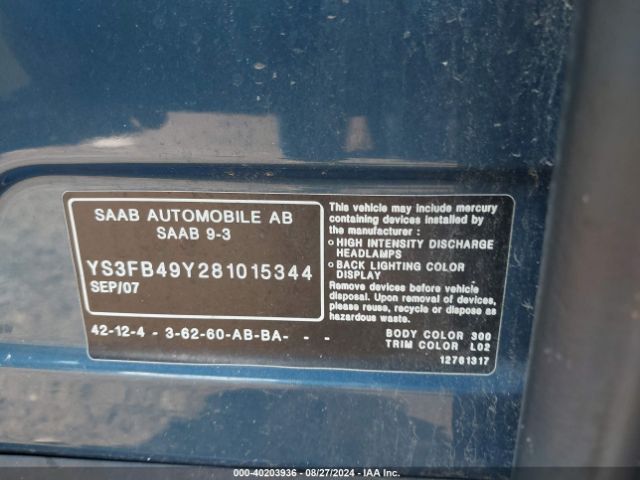 2008 SAAB 9-3 YS3FB49Y281015344 Photo 8