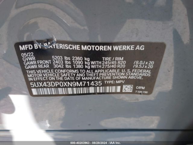 5UX43DP0XN9M71435 BMW X3 Sdrive30i