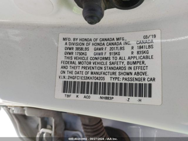 2HGFC1E53KH704205 Honda CIVIC SI