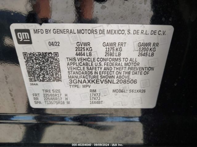 3GNAXKEV5NL208506 Chevrolet Equinox Fwd Lt