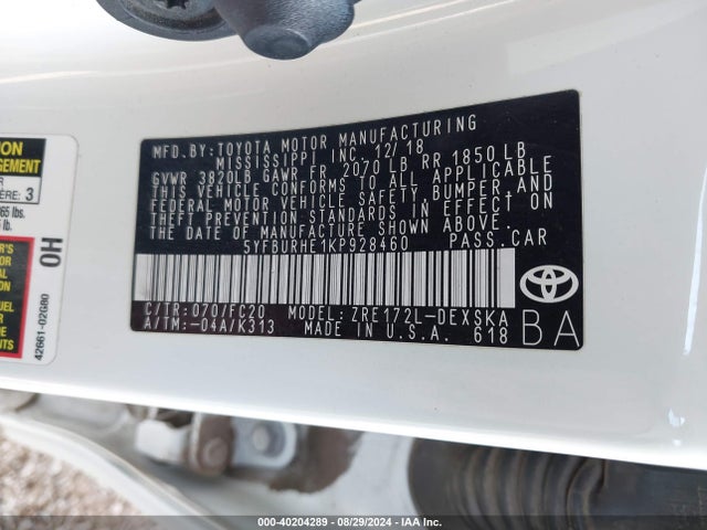 Toyota COROLLA SE 2019 5YFBURHE1KP928460 Image 9