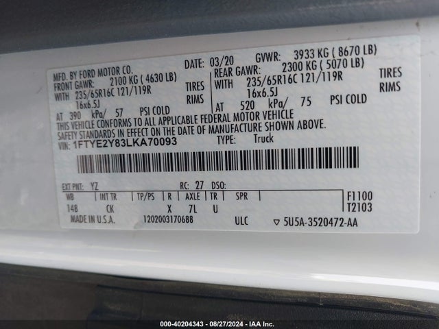 Ford Transit-150 2020 1FTYE2Y83LKA70093 Image 9
