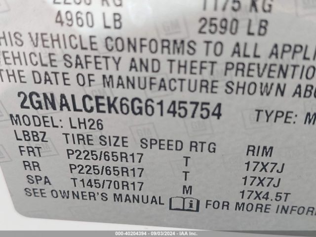 2GNALCEK6G6145754 Chevrolet EQUINOX LT